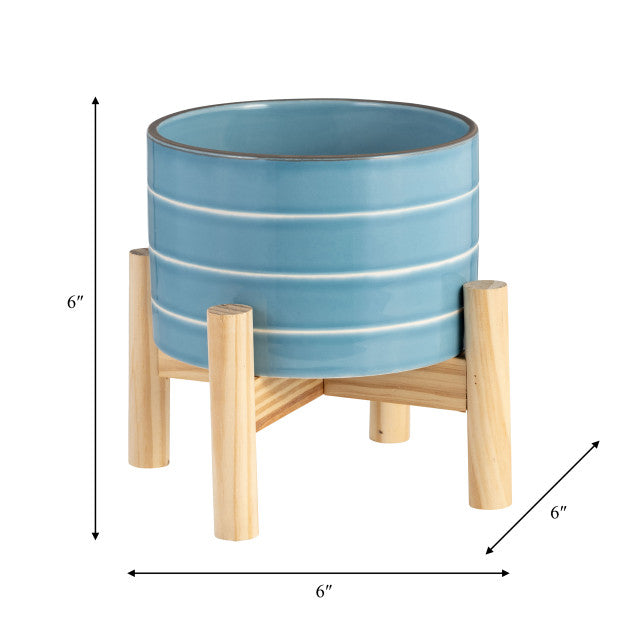 Striped Planter W/ Wood Stand Skyblue