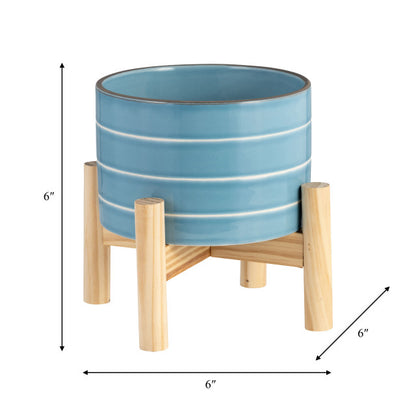 Striped Planter W/ Wood Stand Skyblue