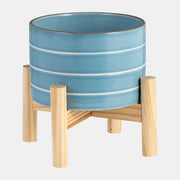 Striped Planter W/ Wood Stand Skyblue