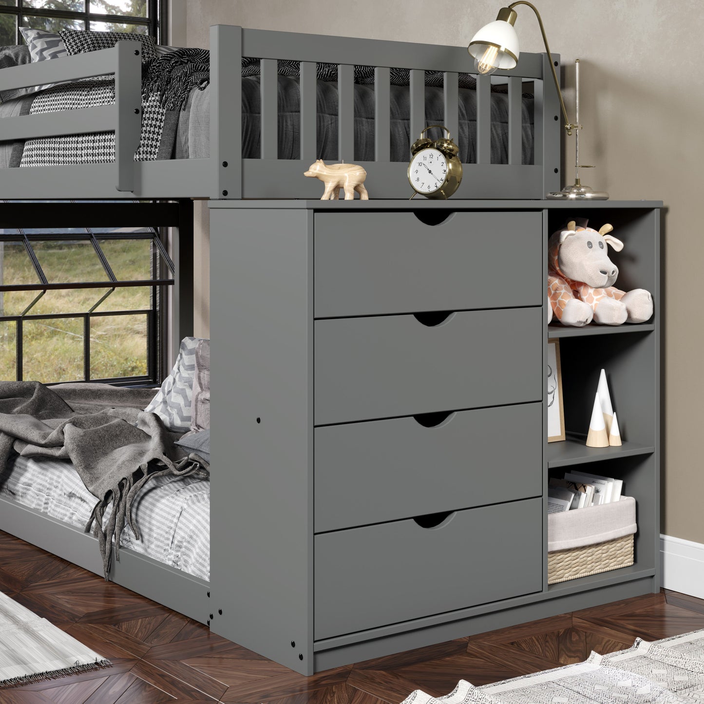 Moby Mission Twin over Twin Bunkbed with 4 Drawer Dresser & Shelves