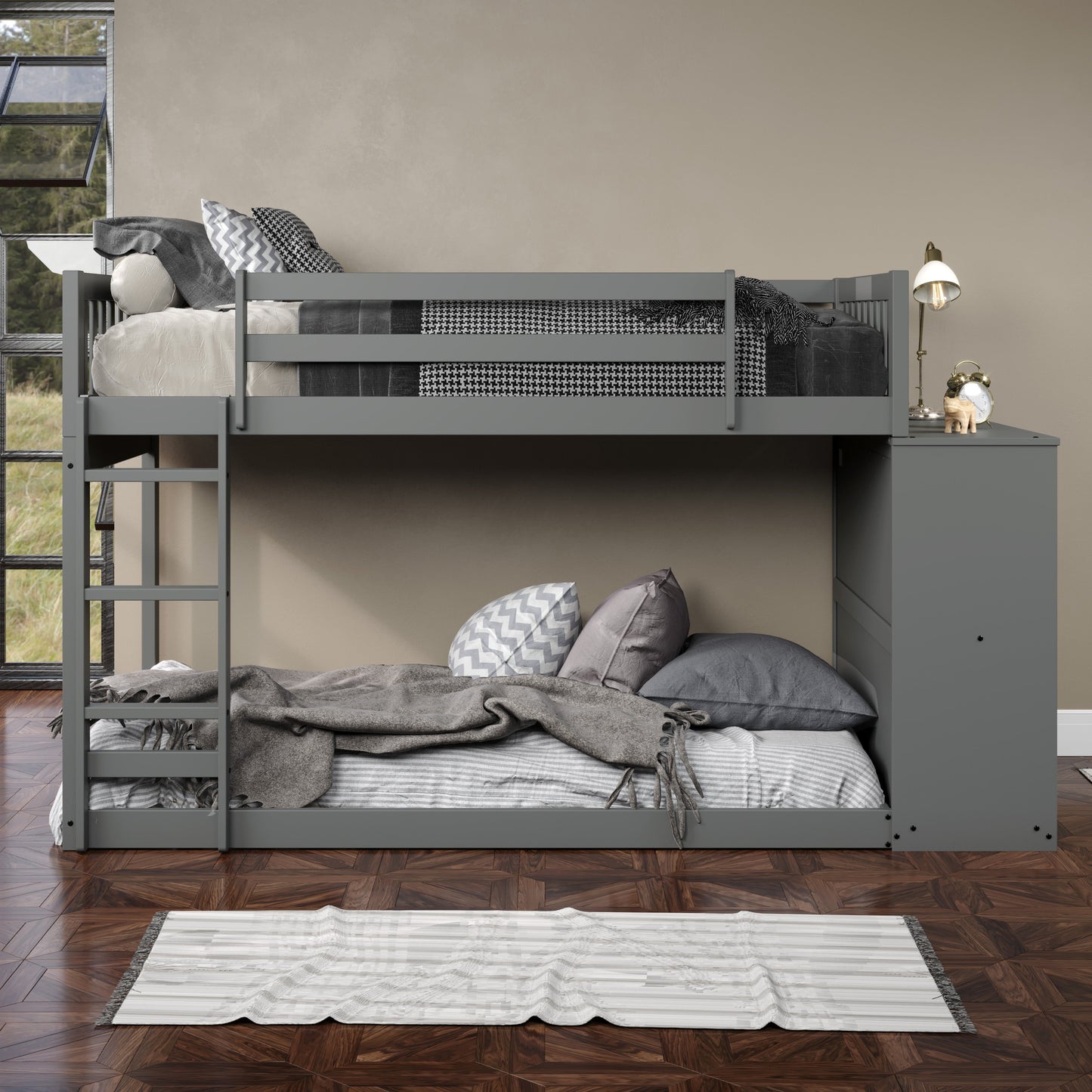 Moby Mission Twin over Twin Bunkbed with 4 Drawer Dresser & Shelves