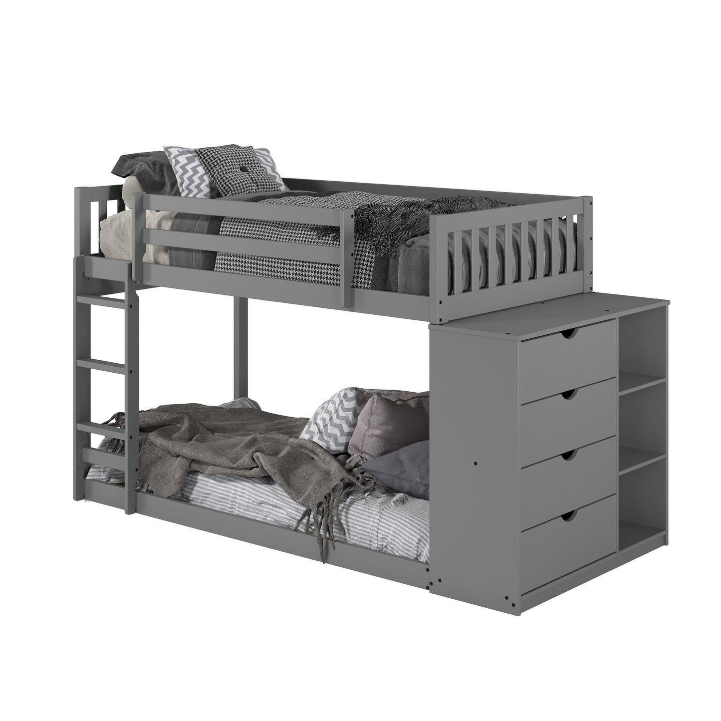 Moby Mission Twin over Twin Bunkbed with 4 Drawer Dresser & Shelves