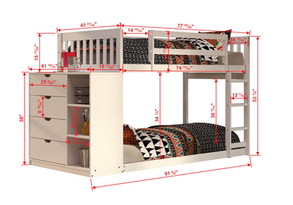 Moby Mission Twin over Twin Bunkbed with 4 Drawer Dresser & Shelves