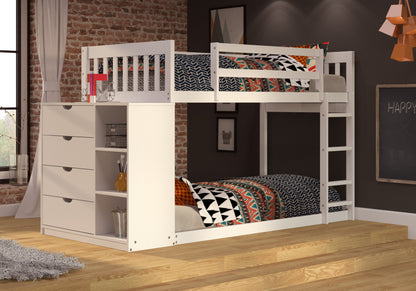 Moby Mission Twin over Twin Bunkbed with 4 Drawer Dresser & Shelves