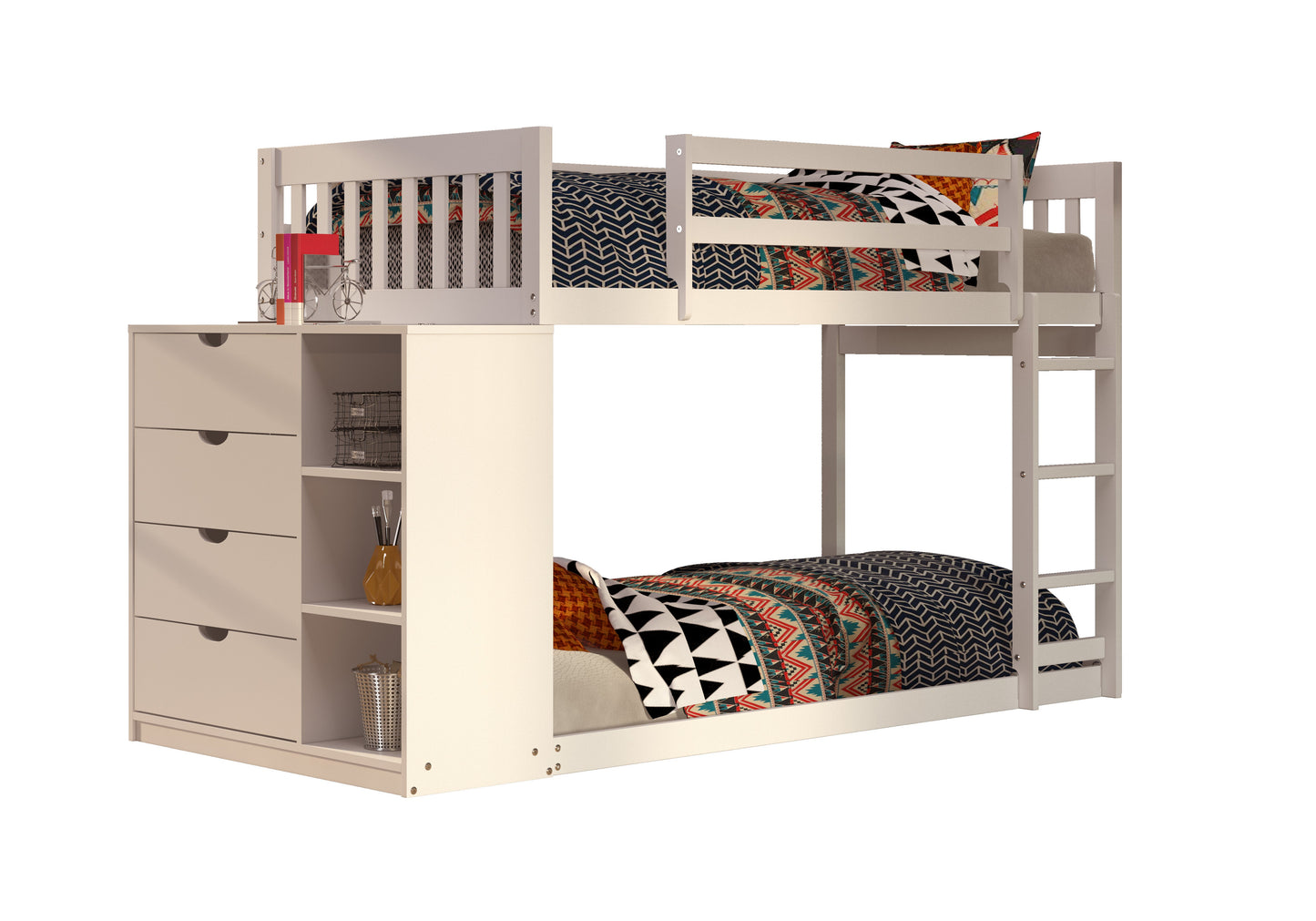 Moby Mission Twin over Twin Bunkbed with 4 Drawer Dresser & Shelves