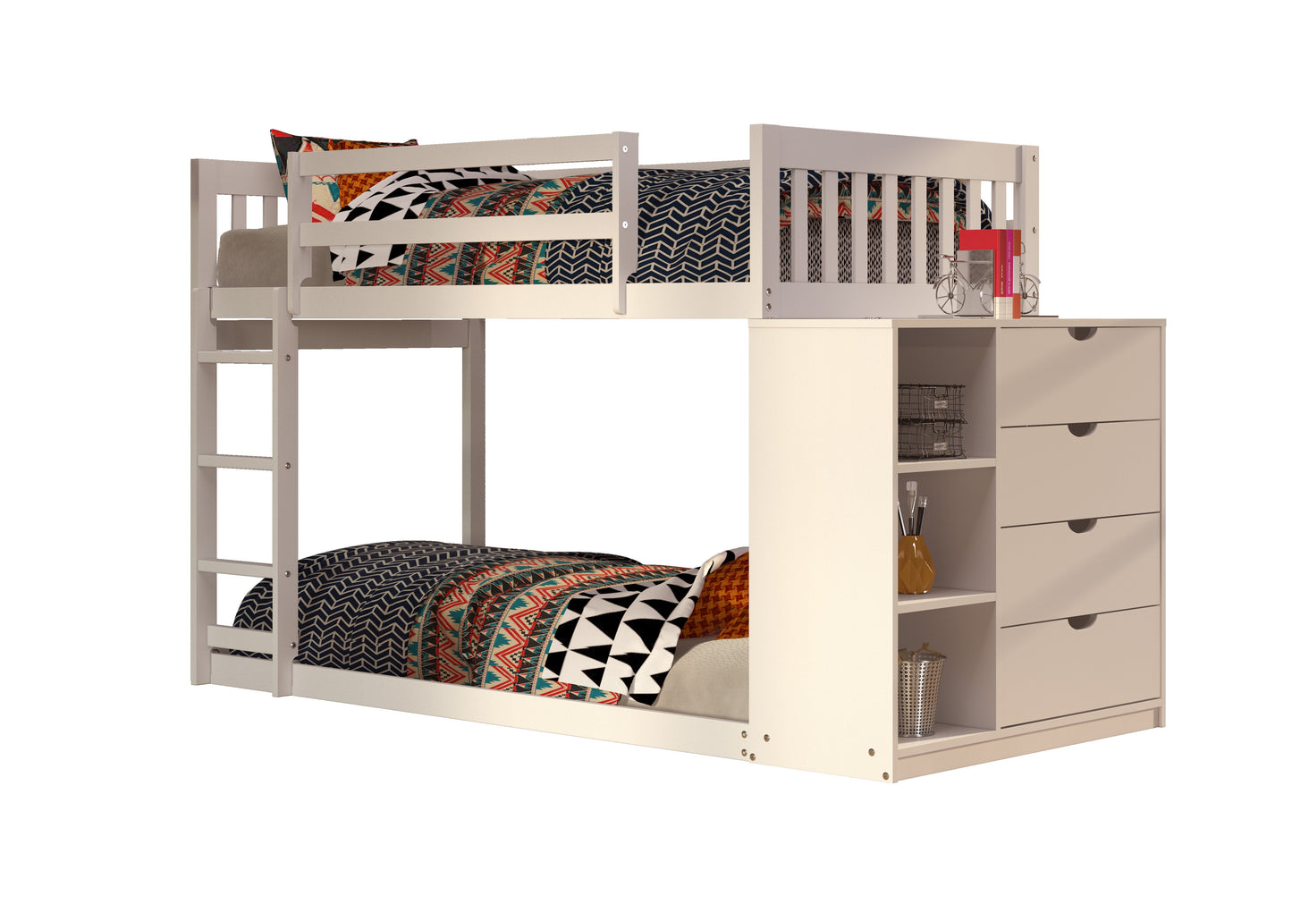 Moby Mission Twin over Twin Bunkbed with 4 Drawer Dresser & Shelves