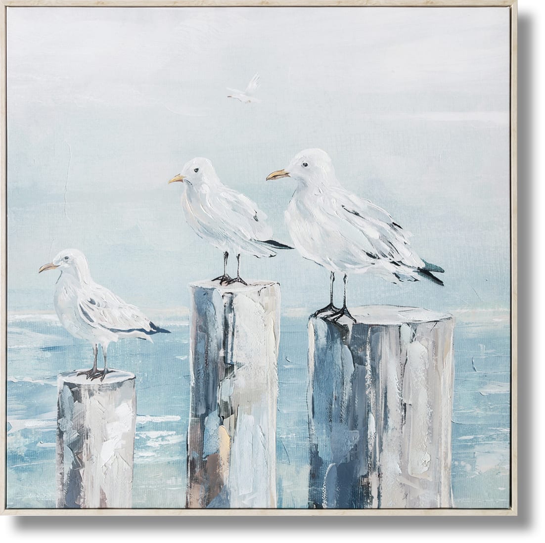 ''Coastal Calm: Seagulls at Rest'' Hand-painted Canvas in Frame