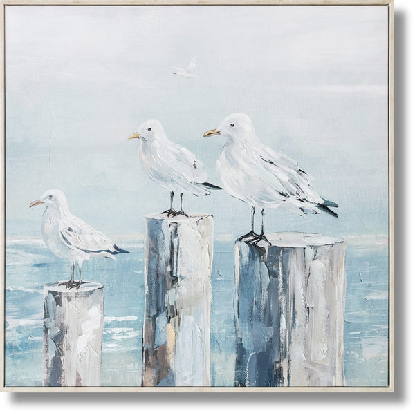 ''Coastal Calm: Seagulls at Rest'' Hand-painted Canvas in Frame