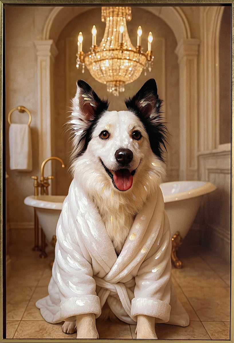 Spa Pup I Hand-Embellished Canvas in Frame