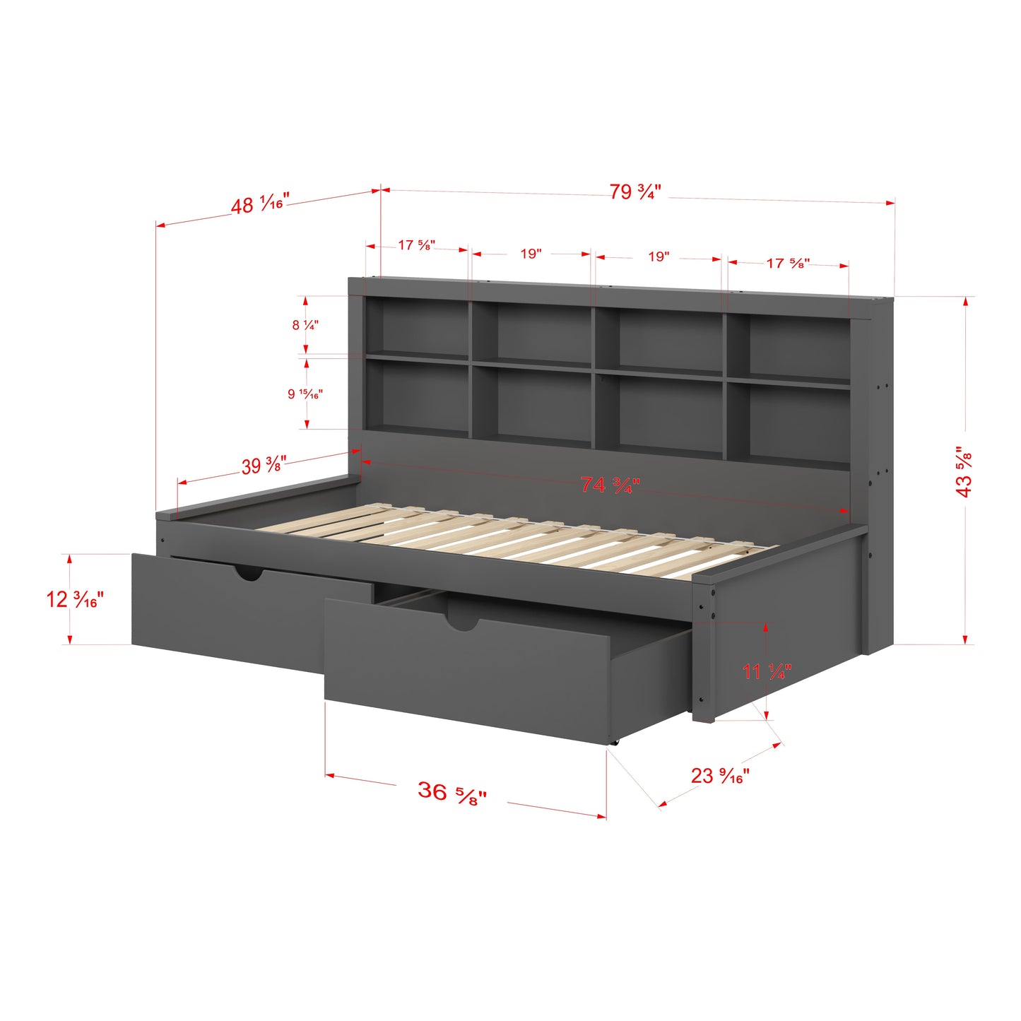 Bookcase Daybed with Dual Underbed Drawers