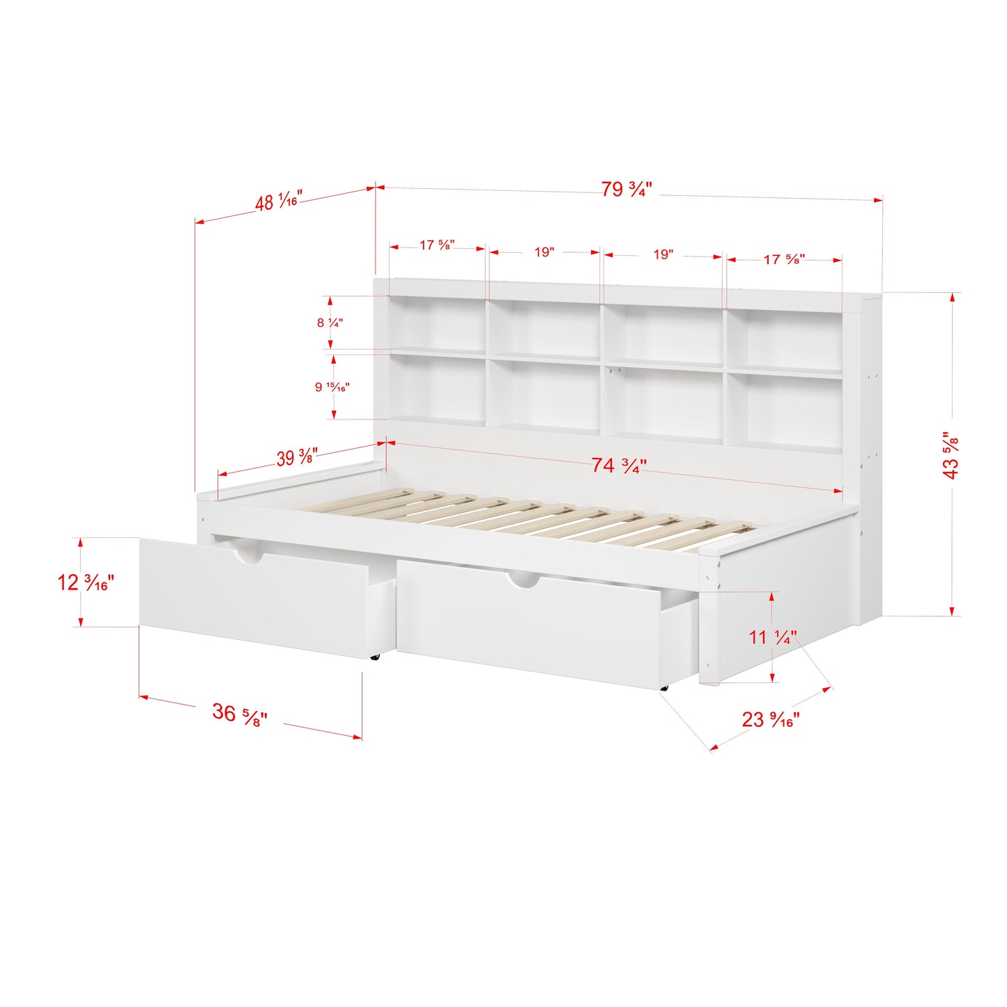 Bookcase Daybed with Dual Underbed Drawers