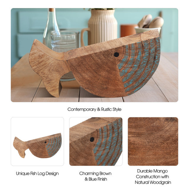 Mango Wood 10", Fish Log, Brown/blue