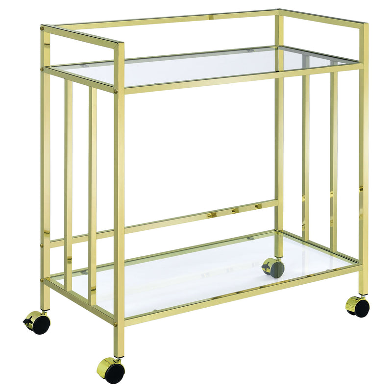 Estante de vidrio rectangular de dos niveles Cara, carrito de bar de metal, latón