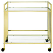 Estante de vidrio rectangular de dos niveles Cara, carrito de bar de metal, latón