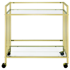 Estante de vidrio rectangular de dos niveles Cara, carrito de bar de metal, latón