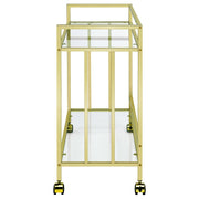 Estante de vidrio rectangular de dos niveles Cara, carrito de bar de metal, latón
