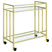 Estante de vidrio rectangular de dos niveles Cara, carrito de bar de metal, latón