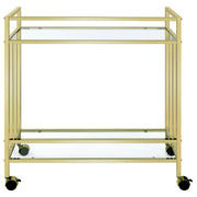 Estante de vidrio rectangular de dos niveles Cara, carrito de bar de metal, latón
