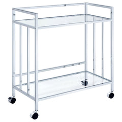 Estante de vidrio rectangular de dos niveles Cara, carrito de bar de metal, latón