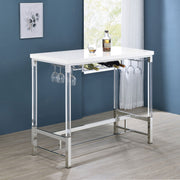 Mesa de bar Norcrest de 47 pulgadas con patas de acrílico, blanca, de alto brillo