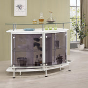 Mueble bar para el hogar Gideon con tapa de vidrio curvo, blanco de alto brillo