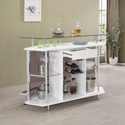 Mueble bar para el hogar Gideon con tapa de vidrio curvo, blanco de alto brillo