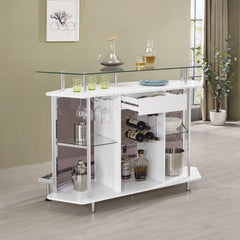 Mueble bar para el hogar Gideon con tapa de vidrio curvo, blanco de alto brillo