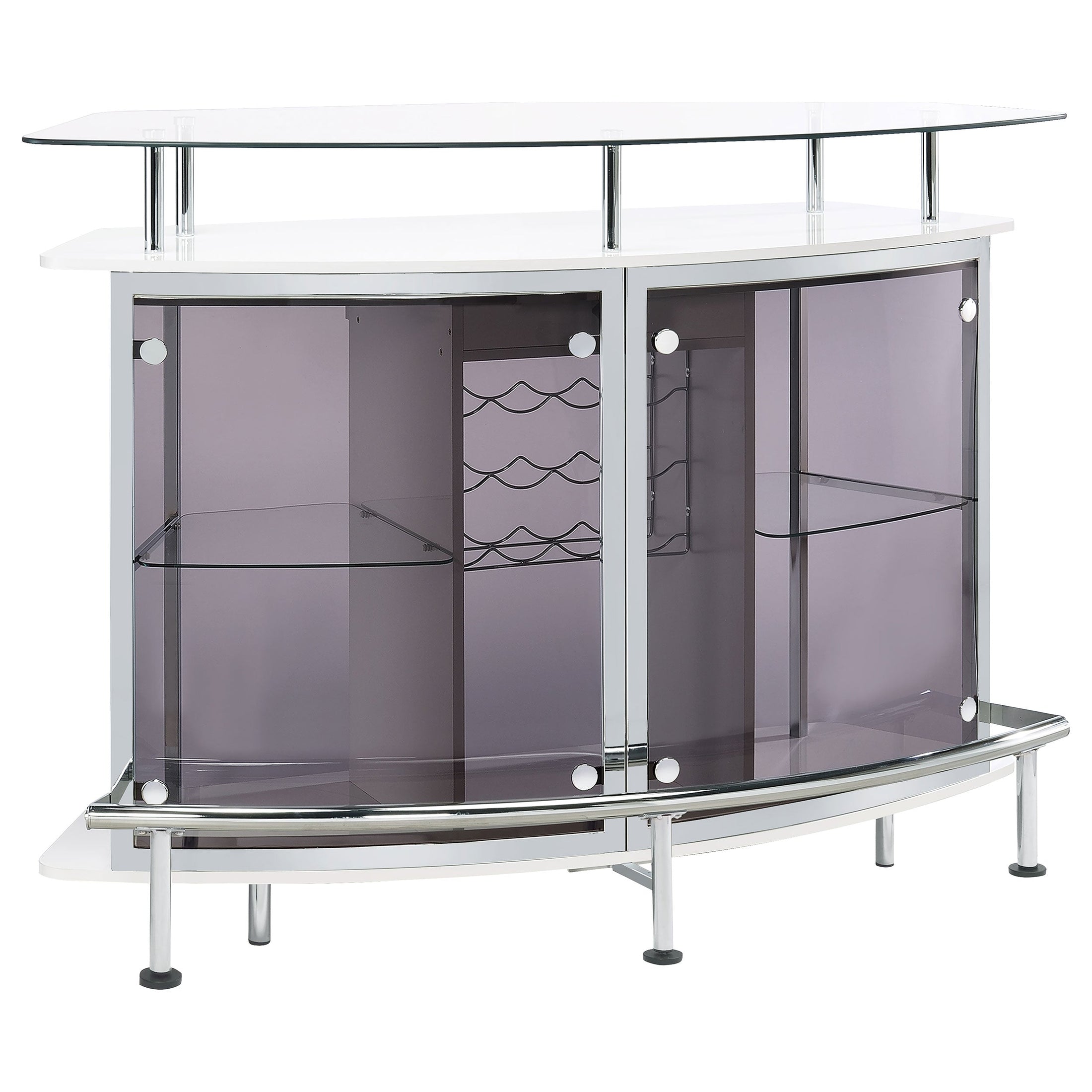Mueble bar para el hogar Gideon con tapa de vidrio curvo, blanco de alto brillo