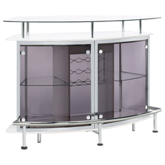 Mueble bar para el hogar Gideon con tapa de vidrio curvo, blanco de alto brillo