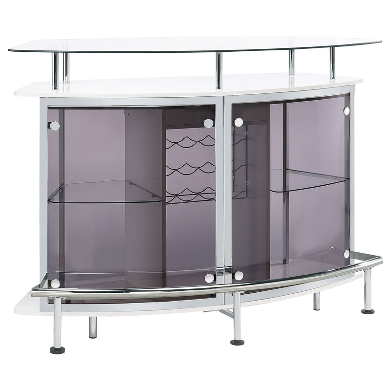 Mueble bar para el hogar Gideon con tapa de vidrio curvo, blanco de alto brillo