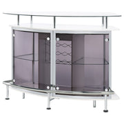 Mueble bar para el hogar Gideon con tapa de vidrio curvo, blanco de alto brillo