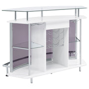 Mueble bar para el hogar Gideon con tapa de vidrio curvo, blanco de alto brillo
