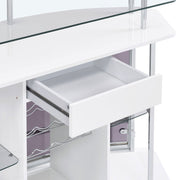 Mueble bar para el hogar Gideon con tapa de vidrio curvo, blanco de alto brillo