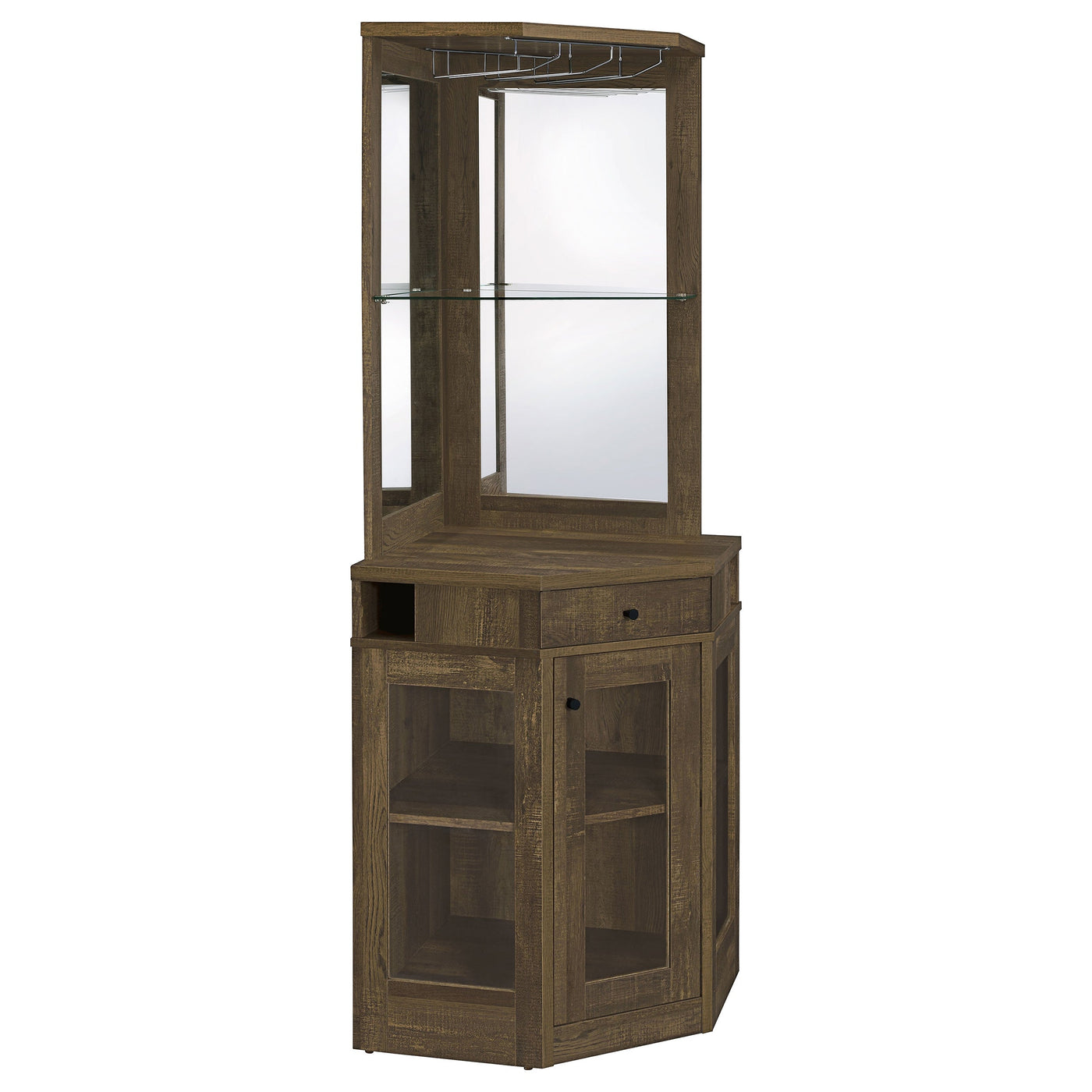 Mueble bar esquinero para vinos Alviso de 1 cajón, roble rústico