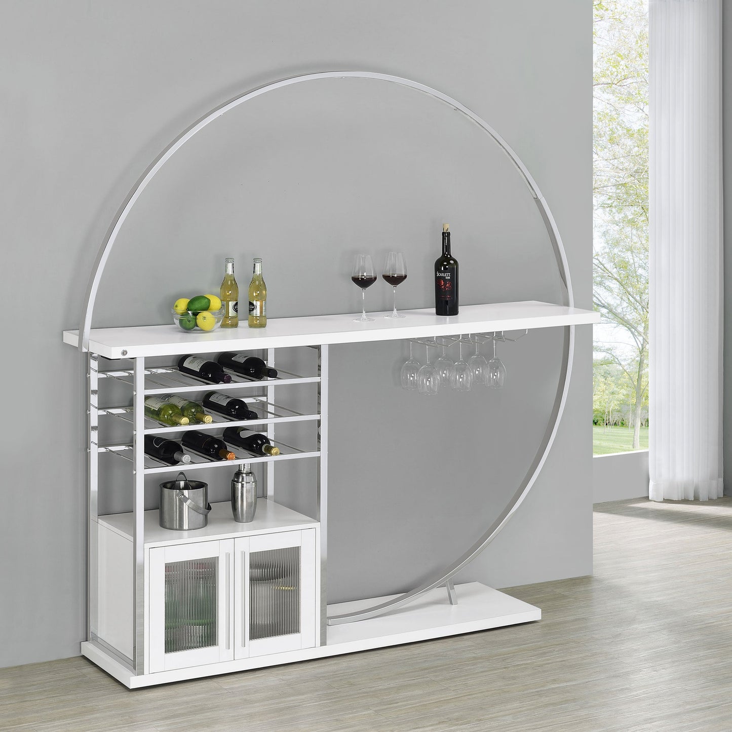 Mueble bar circular LED de 2 puertas Risley para el hogar, blanco de alto brillo