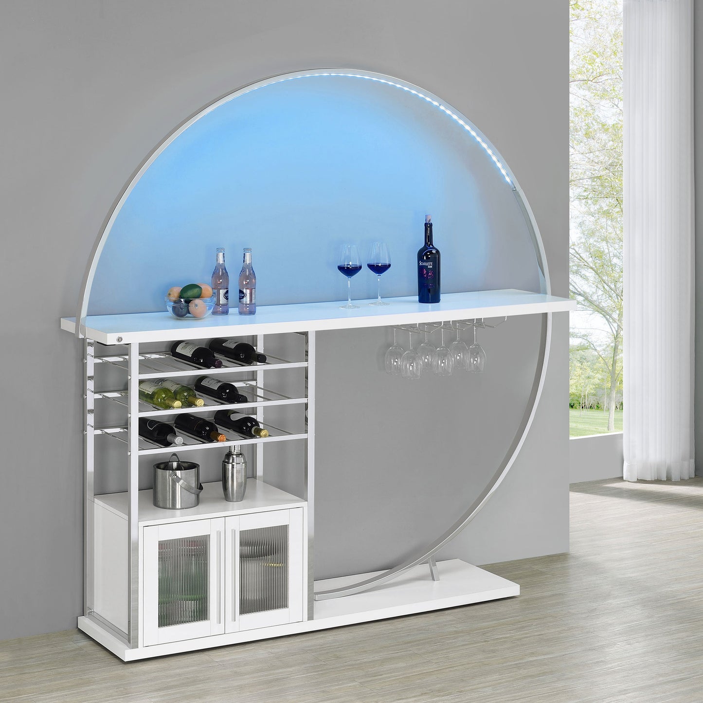 Mueble bar circular LED de 2 puertas Risley para el hogar, blanco de alto brillo