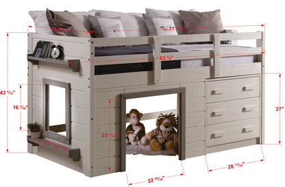 Sweet Dreams Rustic White Low Loft with 3 Drawer Chest