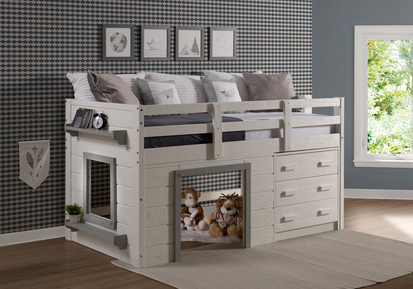 Sweet Dreams Rustic White Low Loft with 3 Drawer Chest
