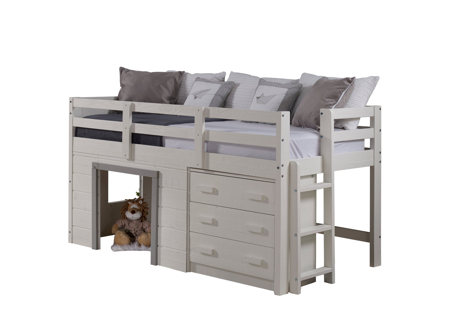 Sweet Dreams Rustic White Low Loft with 3 Drawer Chest