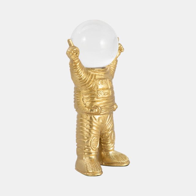 Metal, 9" Astronaut W Crystal Orb Head, Gold/clea