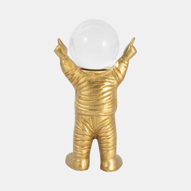 Metal, 9" Astronaut W Crystal Orb Head, Gold/clea