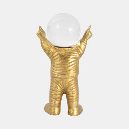 Metal, 9" Astronaut W Crystal Orb Head, Gold/clea