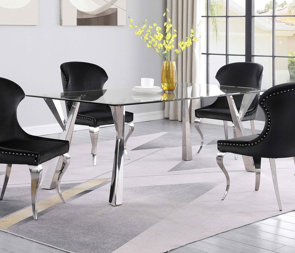 Mesa de comedor rectangular Alaia de 79 pulgadas con tapa de vidrio cromada