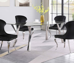 Mesa de comedor rectangular Alaia de 79 pulgadas con tapa de vidrio cromada