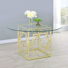 Mesa de comedor redonda Starlight de 54 pulgadas con tapa de vidrio y metal, color latón