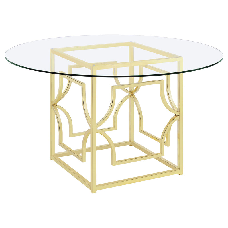 Mesa de comedor redonda Starlight de 54 pulgadas con tapa de vidrio y metal, color latón
