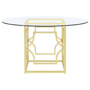 Mesa de comedor redonda Starlight de 54 pulgadas con tapa de vidrio y metal, color latón