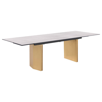 Mesa de comedor extensible Vesa de 97 pulgadas con tapa de vidrio en color beige