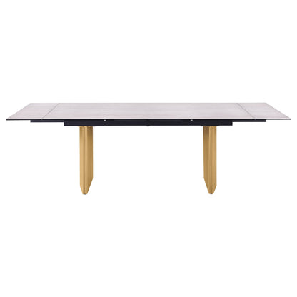 Mesa de comedor extensible Vesa de 97 pulgadas con tapa de vidrio en color beige