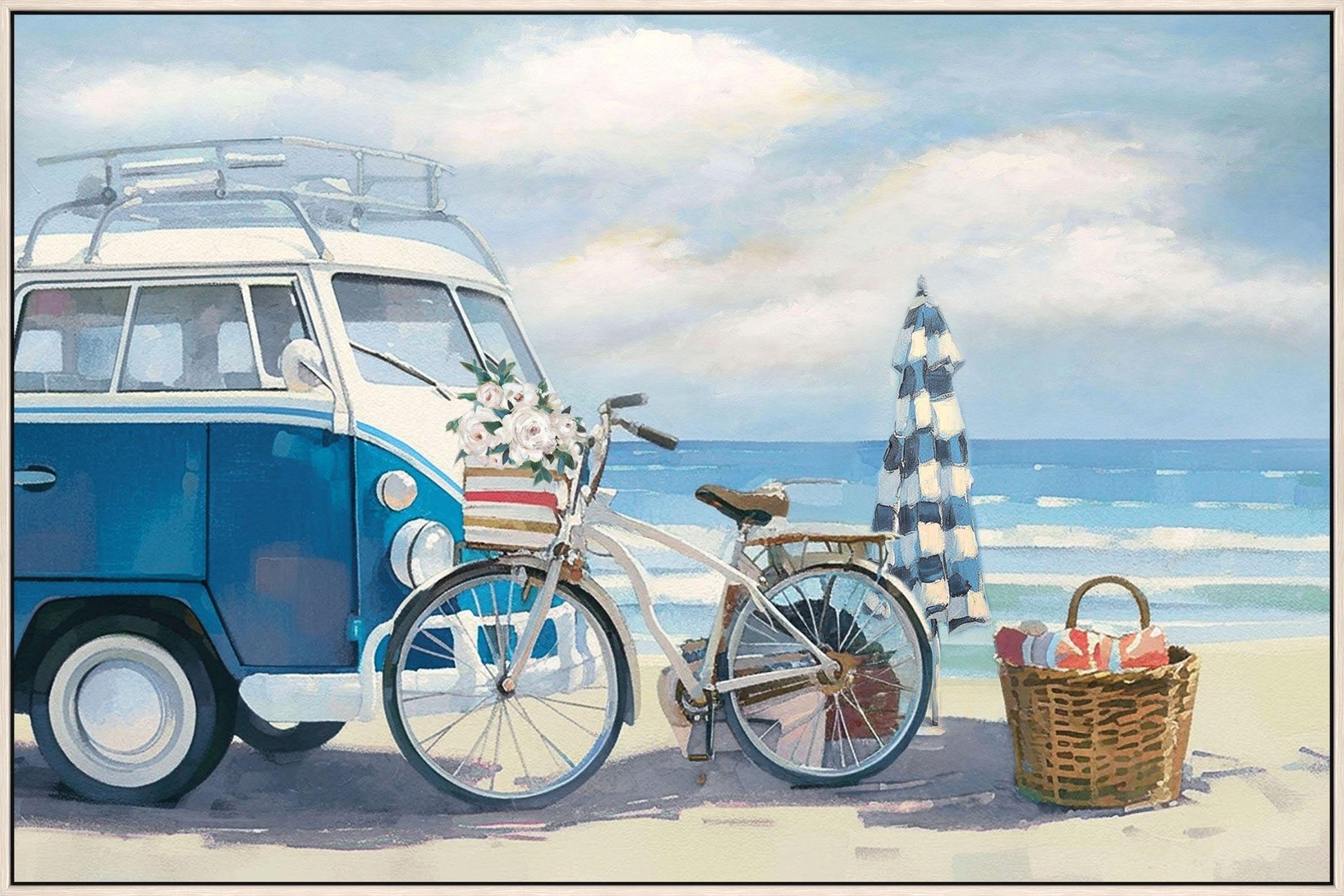 ''Vintage Bus by the Beach'' Hand-painted Canvas in Frame